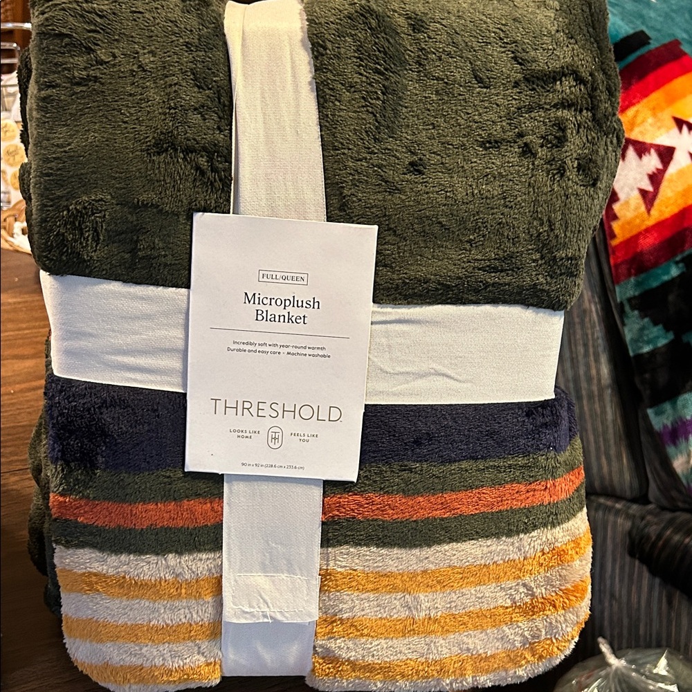 Threshold Plush Throw Blanket - Olive, Navy, Orange, Mustard Stripes